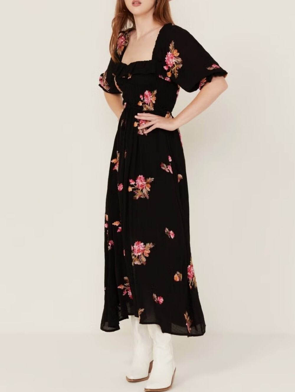 Wild MOSS Floral Embroidery Smocked Midi Dress Black Pink Tie Waist